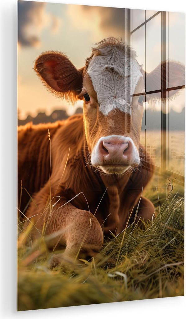 MuchoWow Glasbilder - Bilder auf Wandbild - Foto auf Glas Kuh - Tier - Wiese - Gras - Tiere - Natur 40x60 cm Wanddekoration aus Glas - Acrylglasbil...