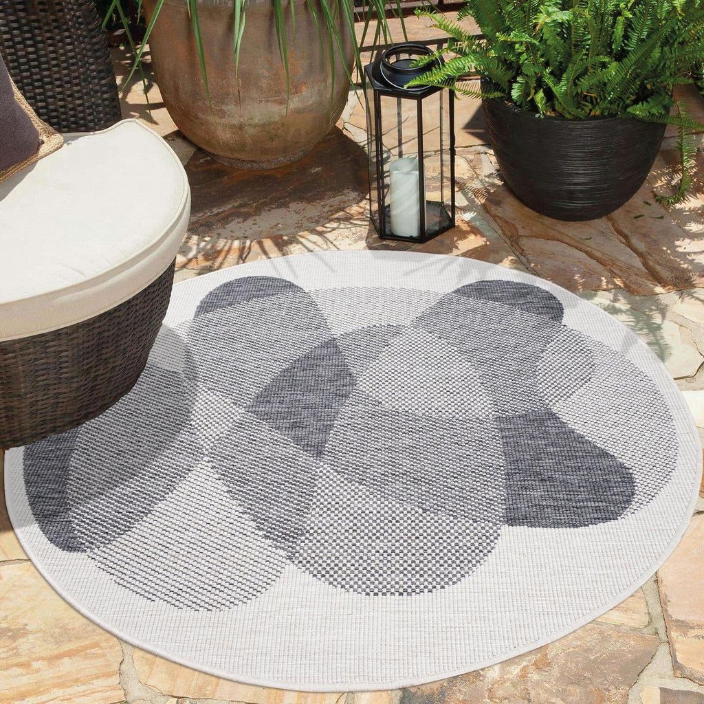 Teppich Outdoor Wetterfest - Grau, Creme - Wendeteppich - 120 cm Rund - Abstraktes Geo-Muster