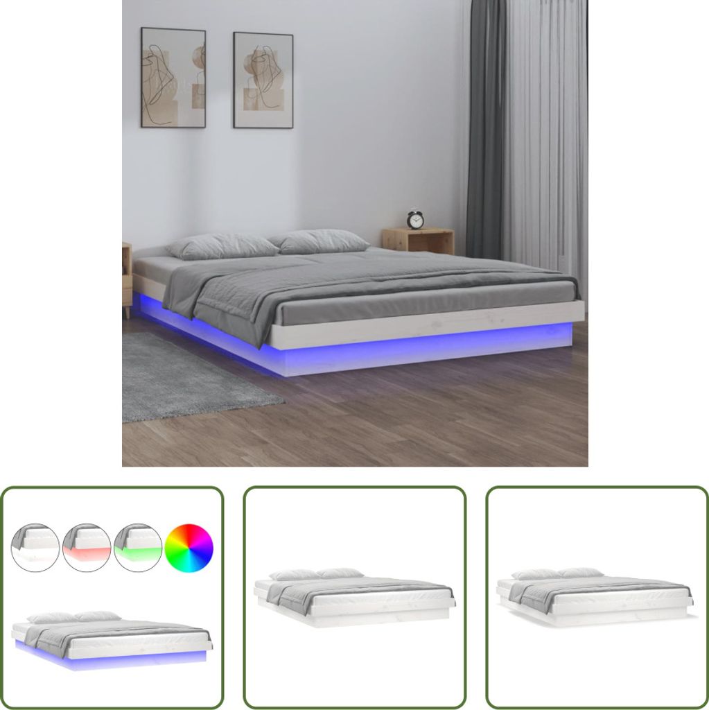 The Living Store Massivholzbett mit LEDs Weiß 120x190 cm