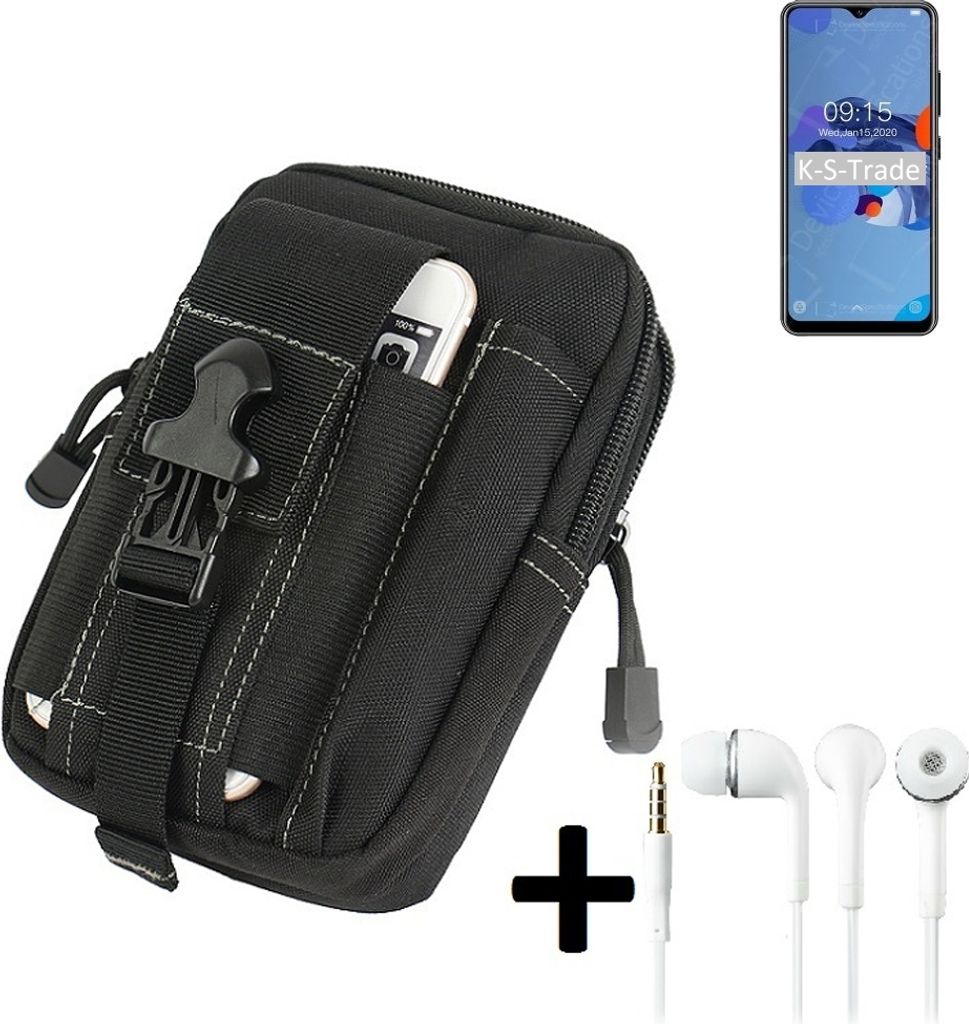 K-S-Trade Gürteltache + Kopfhörer kompatibel mit Oukitel C19 Gürtel Tasche Holster Schutz Hülle Handy Hülle schwarz inkl. Extrafächer