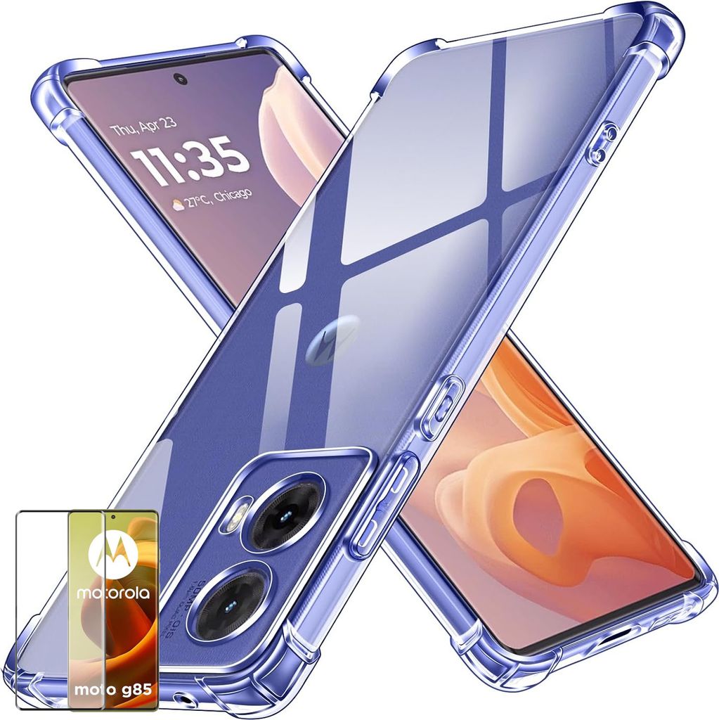 Für Motorola Moto G85 5G Schock TPU Case Transparent + 4D Curved Glas Handy Hülle Schutz