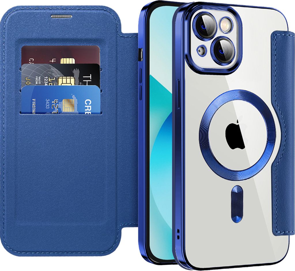 Klapphülle für iPhone 13 Kompatibel mit Magsafe, Klar Überzug Kartenhalter Ledertasche mit Kameraschutz Blau