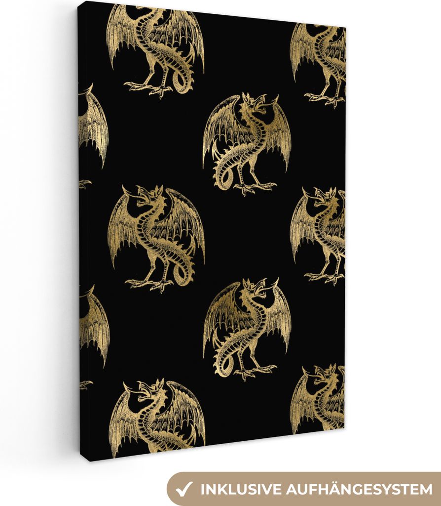 OneMillionCanvasses - Leinwandbilder - 90x140 cm, Muster - Drache - Gold, Wandbilder Kunstdruck Wanddekoration - Wandschmucke - Schlafzimmer