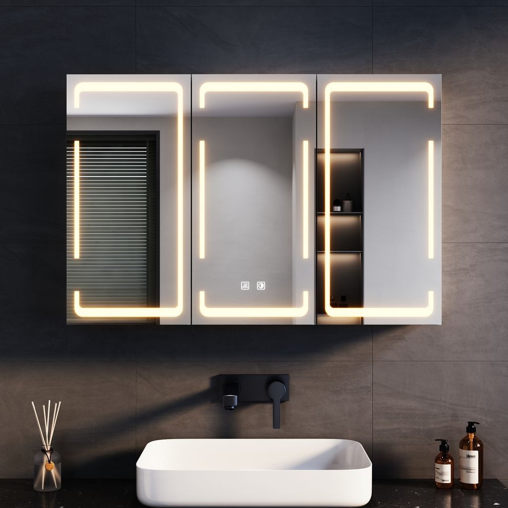 SONNI Metall Spiegelschrank mit 3-Farben LED Beleuchtung 90x60x14 cm,Dimmbar Dual-Touch-Schalter,3 Türig,Kabellose Scharnierkonstruktion Wandschrank