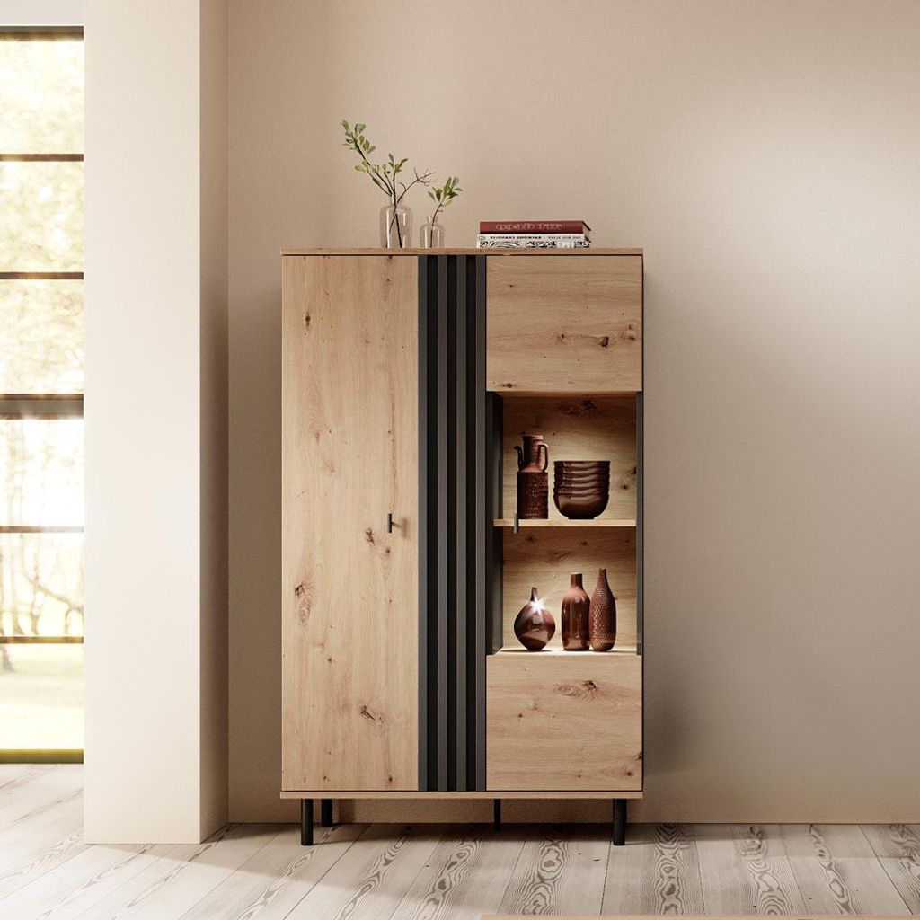 Highboard Vitrine mit 90 cm Breite in Eiche, 2 Türen, LED Beleuchtung - MATTAWA-167