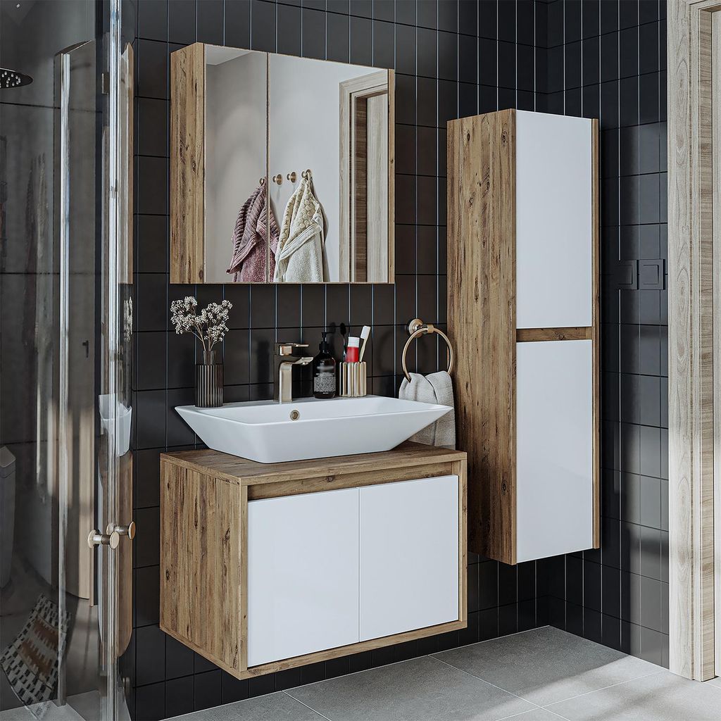 Roomart ATLANTIC-65 Badmöbel Set– 4-teiliges Badezimmermöbel Set - Waschbeckenunterschrank mit Keramikwaschbecken, Spiegelschrank & Hochschrank...