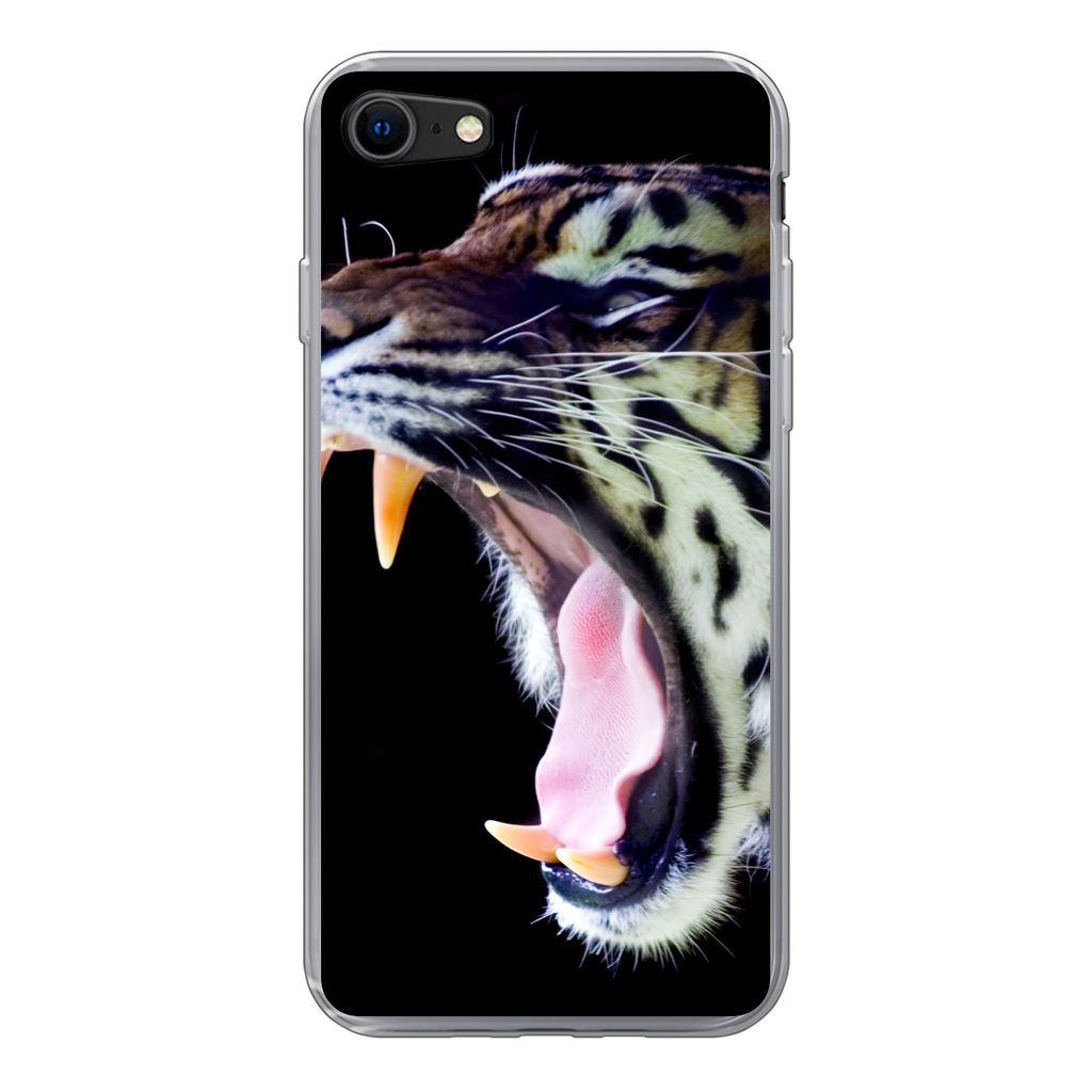MuchoWow Handyhülle Schutzhülle Hülle für iPhone SE 2020 Brüllender Tiger auf schwarzem Hintergrund Silikon Softcase Handy Hülle