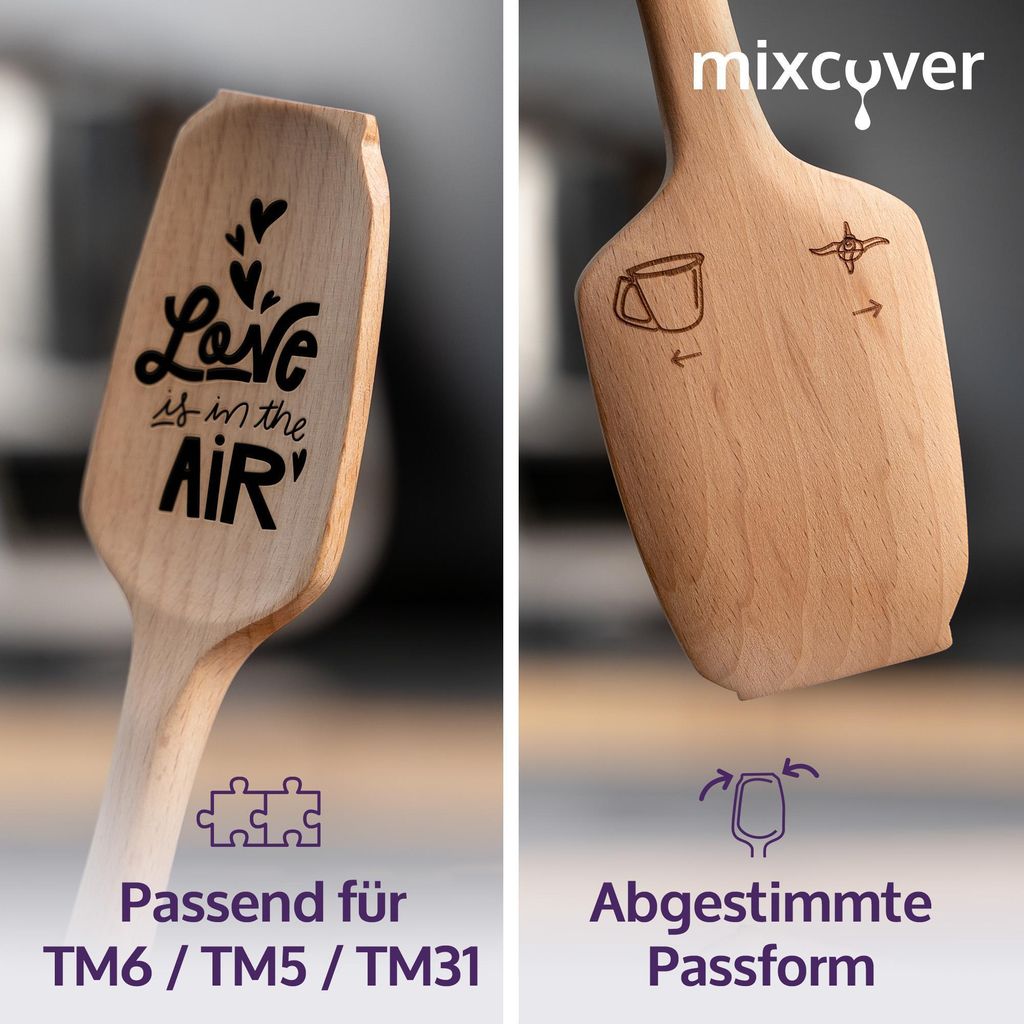 mixcover Nachhaltiger Holz-Spatel für Thermomix TM7 TM6 TM5 TM31 Valentinstag Drehkellenspatel mit Gravur Love is in the air