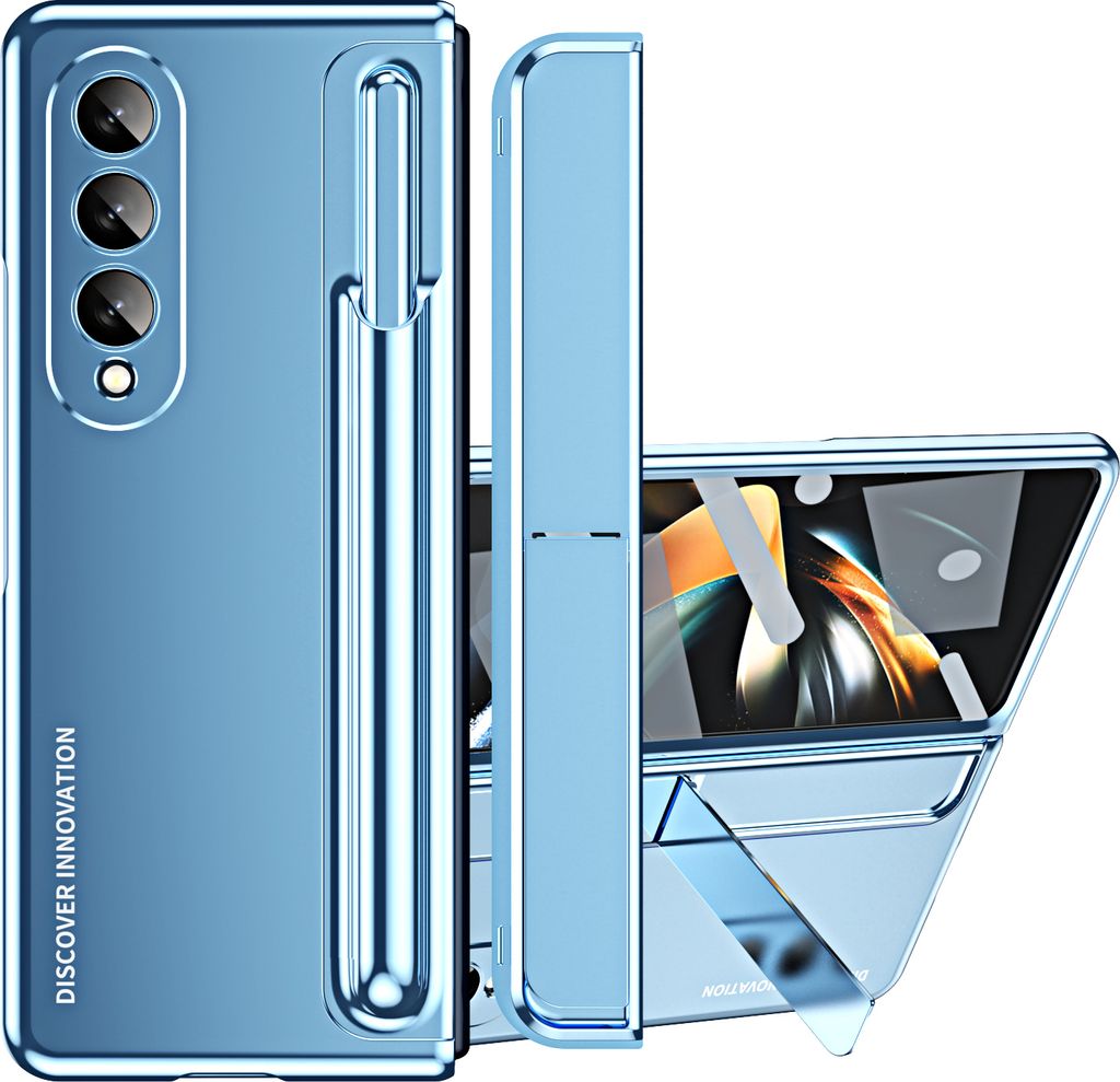 Galaxy Z Fold4 Hülle, Galvanisierte PC Eingebauter Stift Halter & Ständer mit Displayschutz Schutzhülle für Samsung Galaxy Z Fold 4 5G Blau