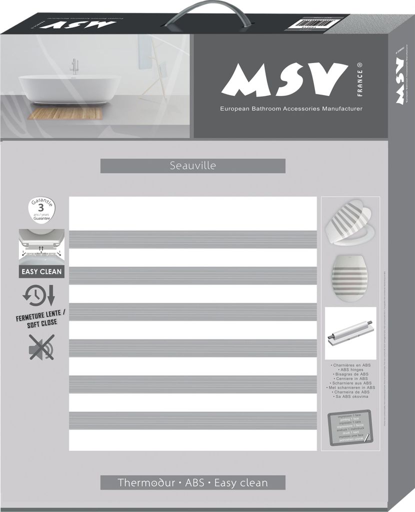 MSV Design WC Sitz, Absenkautomatik, Fast Fix/Schnellbefestigung, Befestigung mit Knopfdruck, Toilettensitz WC Deckel Klobrille "Seauville" Grau/Weiß