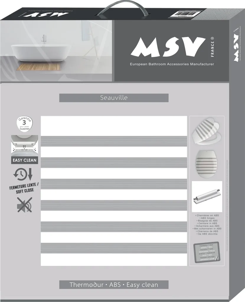 MSV Design Sedile per WC, meccanismo di abbassamento automatico, Fast Fix/fissaggio rapido, fissaggio a pulsante, sedile per WC Coperchio per WC "Seauville" grigio/bianco