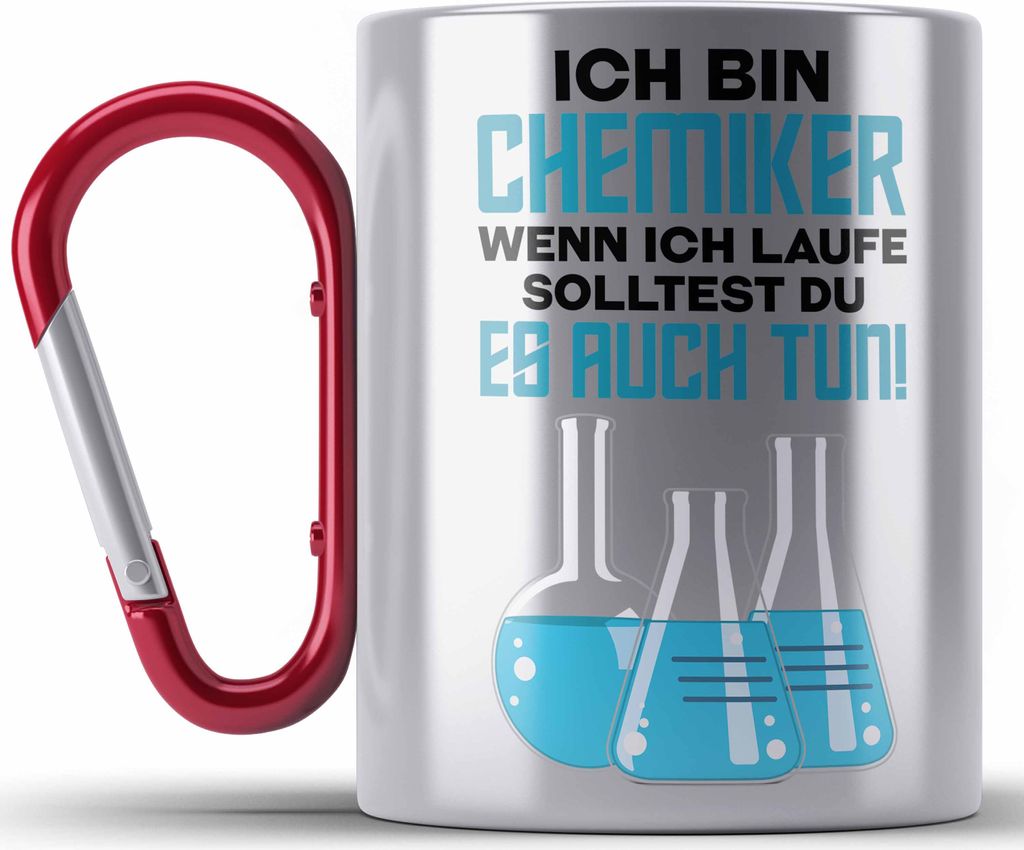 Trendation - Chemiker Geschenke Edelstahl Tasse Karabinern Edelstahl Tasse Karabiner Chemielaborant Chemie Geschenk Chemielabor Gadget (Rot)