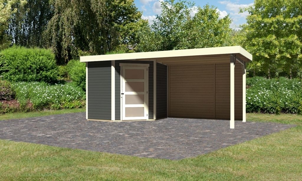 Karibu Gartenhaus Gerätehaus Schwandorf 3 im Set mit Anbaudach 2,80 m Breite und 19 mm Rückwand terragrau 468x217x218 cm