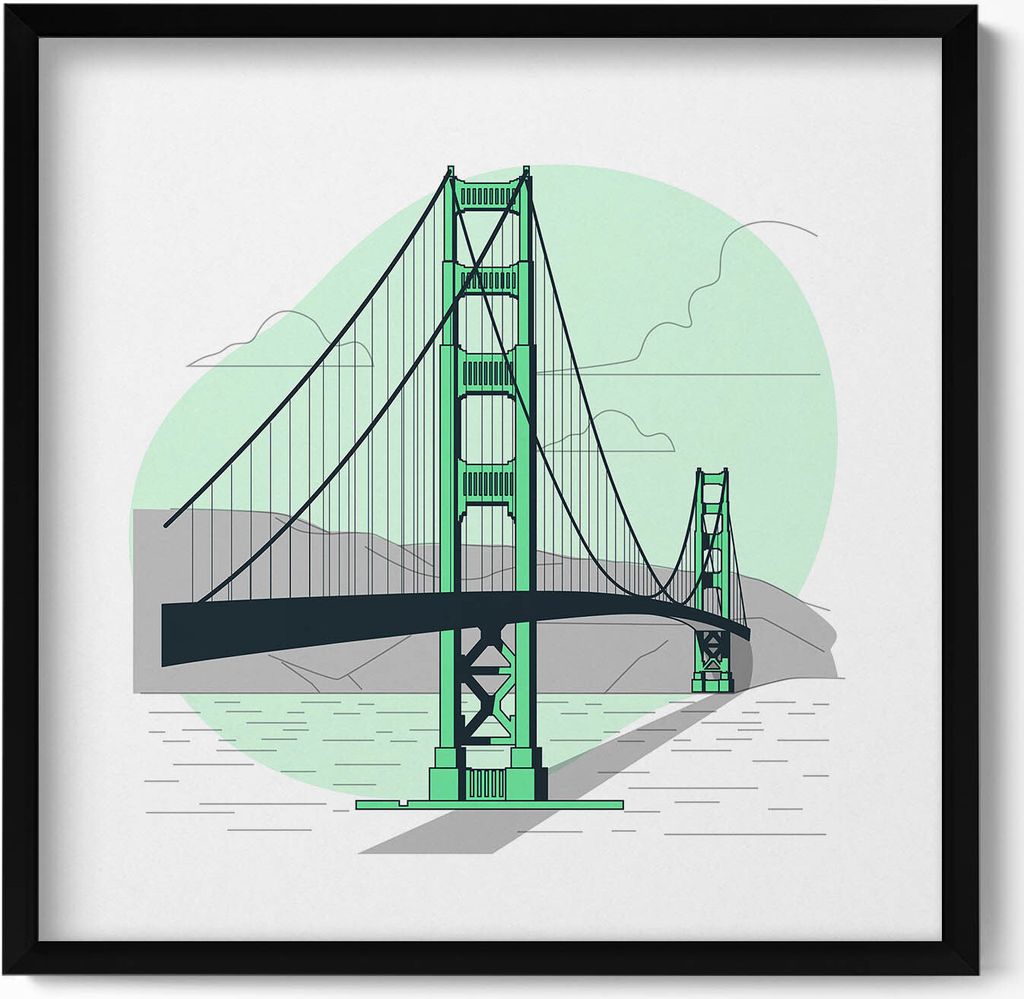 Zeichnung der Golden Gate Bridge– Wandbild mit Rahmen – Gerahmtes Bild – Wanddekoration – 50x50 cm – Schwarz Rahmen