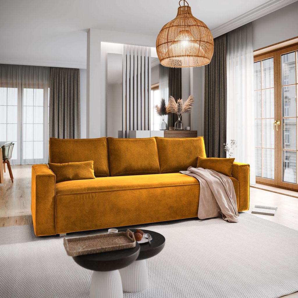 Sofa ALATRI Gelb Velours-Stoff mit Schlaffunktion, Sofa mit Bettkasten, Sofa mit Bettkasten, Wohnzimmersofa, Couch, Soffa, Bettsofa, Couchgarnitur-...