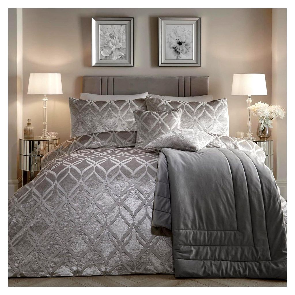 Silberner Ogee-Samt-Bettbezug – King-Size (230 x 220 cm) – 2 Kissenbezüge – weiche Samt-Bettwäsche in Silber – Jacquard