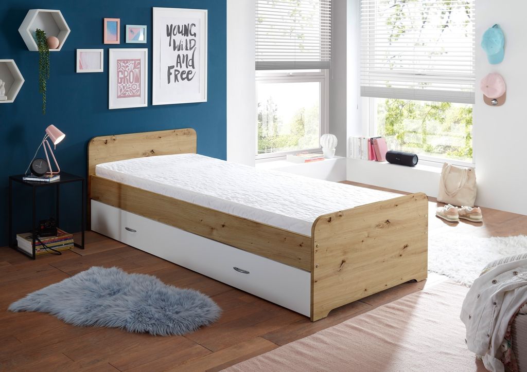 DUPLO Moderne Tandemliege mit zwei Liegeflächen 90 x 200 cm - Praktisches Jugendzimmer Kojenbett in Artisan Eiche Optik, Weiß - 97 x 67 x 206 cm ...