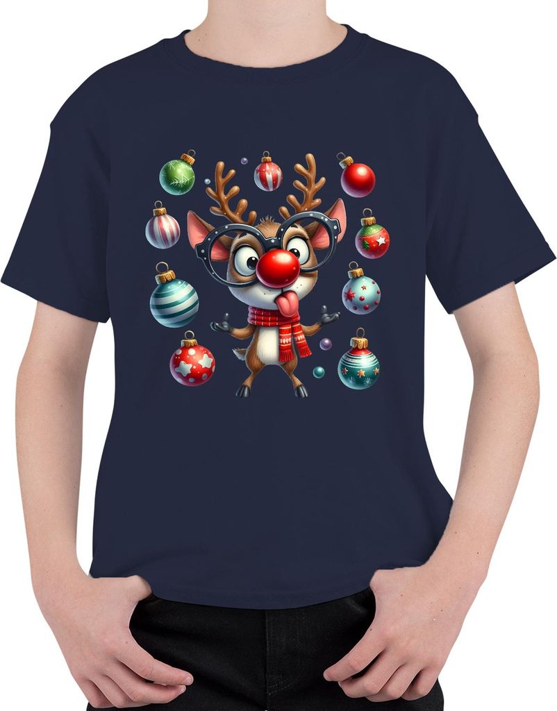 Rudolph Rentier mit Brille rote Nase Weihnachten süß Cartoon Uni Kinder T-Shirt, Navy, 104