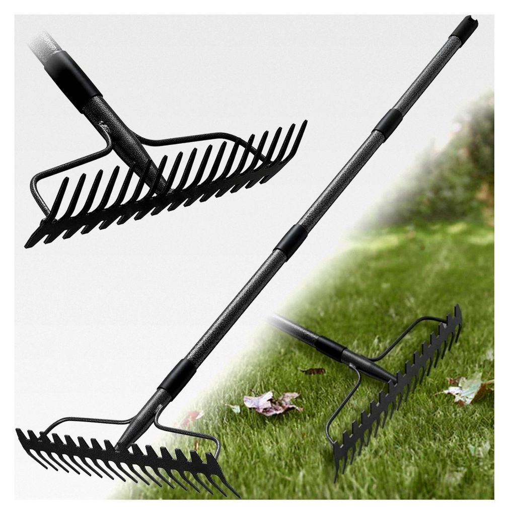 Gartenrechen 190 cm - Robuste Metall Gartenharke mit 17 Zinken für Rasen, Laub und Boden