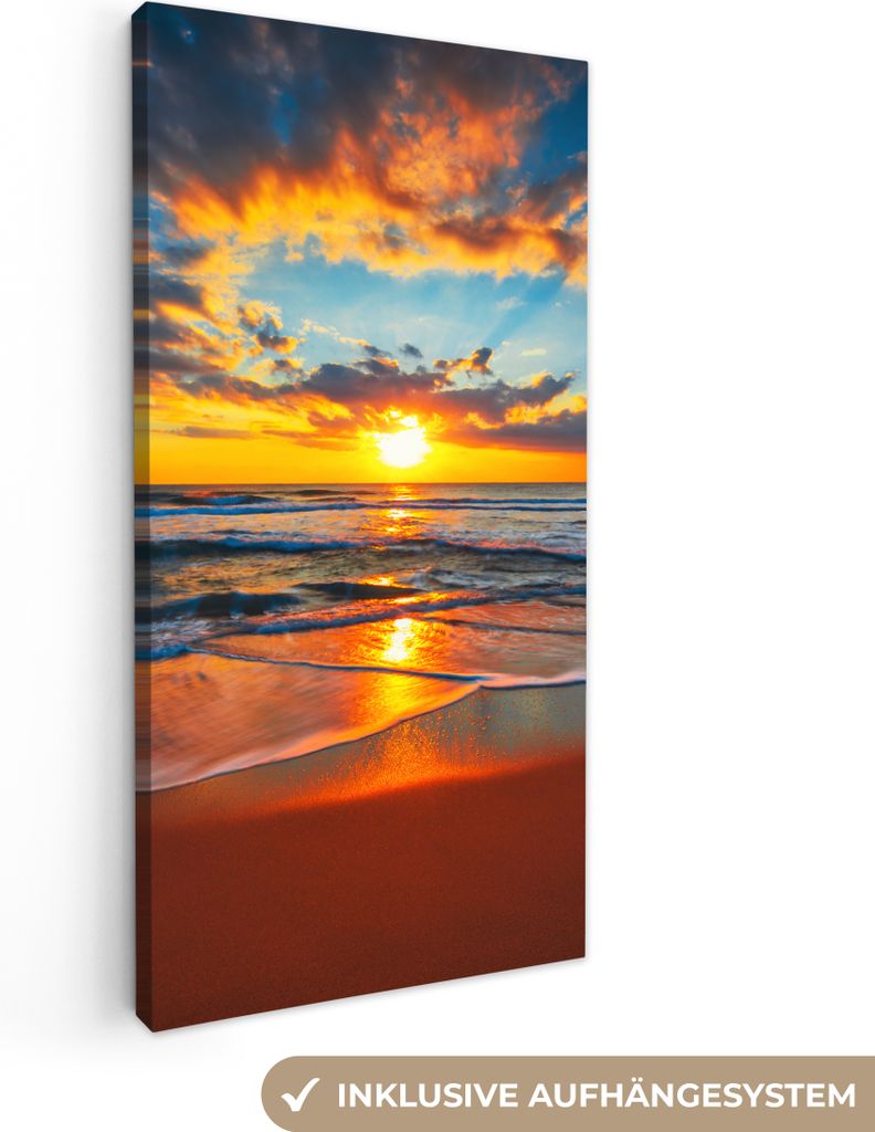 MuchoWow - Leinwandbilder - Meer - Sonnenuntergang - Strand - Wolken - Orange, Wandbild, Wanddeko Bilder Wohnzimmer, 20x40 cm