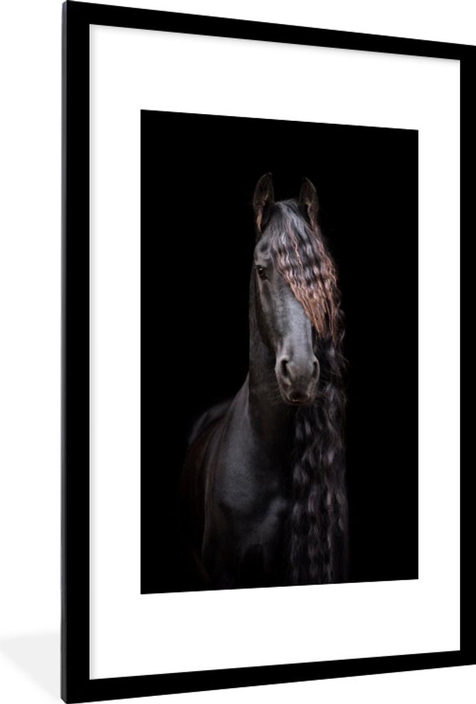 MuchoWow MuchoWow Gerahmtes Poster Pferde - Friesisch - Mähne - Schwarz - Tiere 60x90 cm - Poster mit zchwarzem Bilderrahmen - Dekoration - Wa...