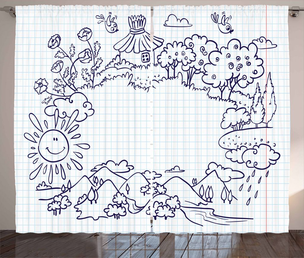 ABAKUHAUS Gekritzel Rustikaler Vorhang, Kindisch Sommer Rahmen, Wohnzimmer Universalband Gardinen mit Schlaufen und Haken, 280 x 225 cm, Hellblau D...