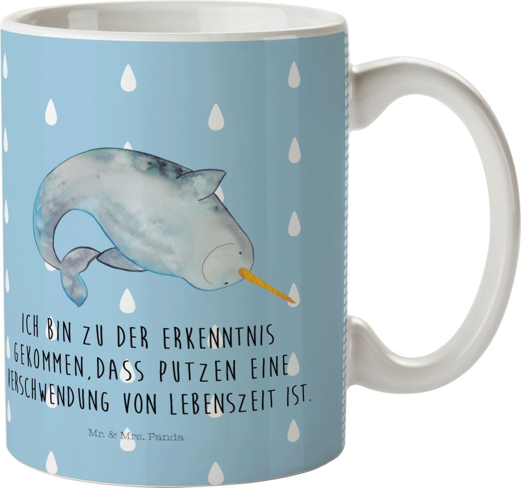 Mr. & Mrs. Panda Kindertasse Narwal - Blau Pastell - Geschenk, Putzen, Kinderbecher, Pott, Plastikbecher, Hausfrau, Aufräumen, Mehrwegbecher, Meer...