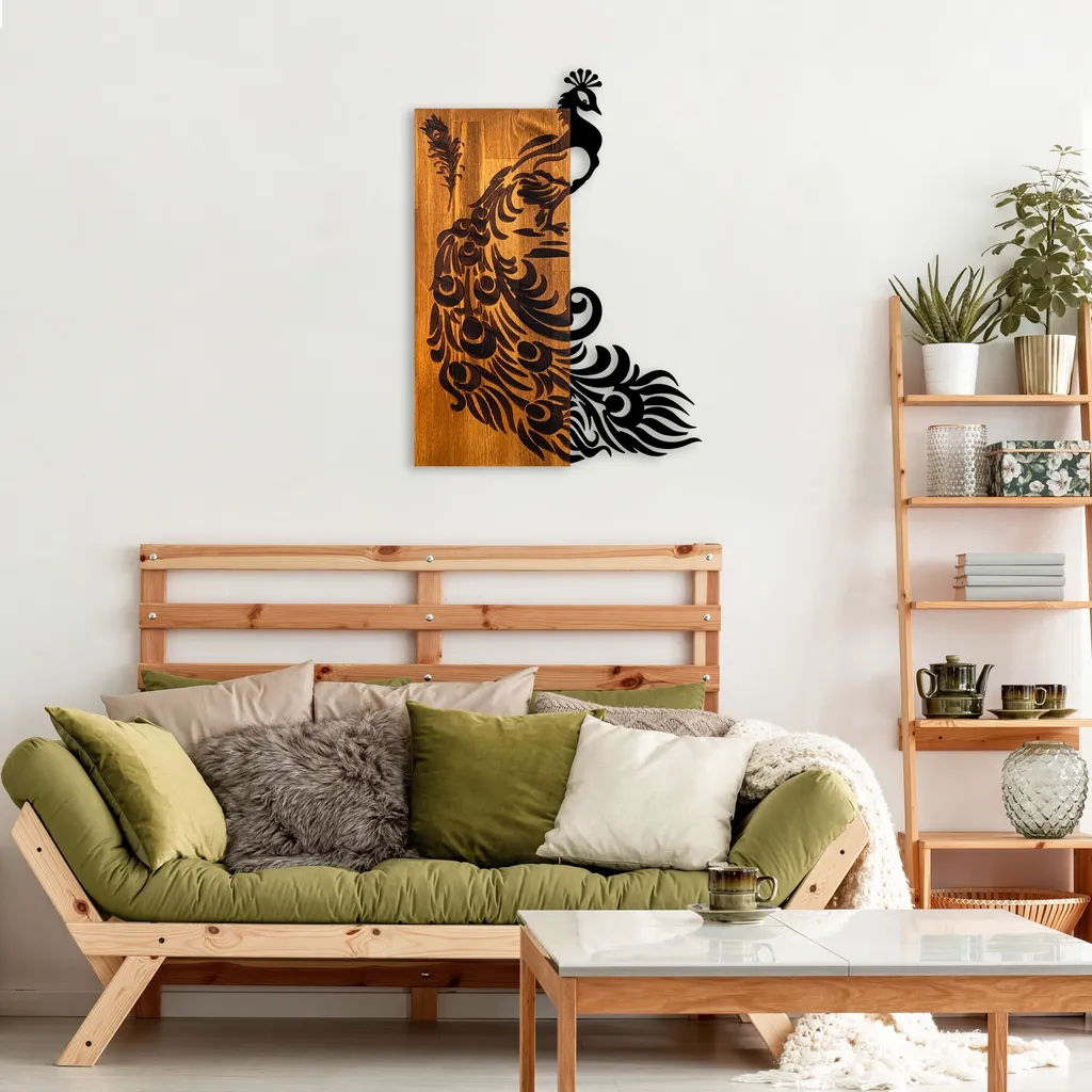 Wallity, Pavone, accessorio decorativo da parete in legno, noce, 100 % LEGNO / METALLO, 47 x 3 x 65 cm - 4