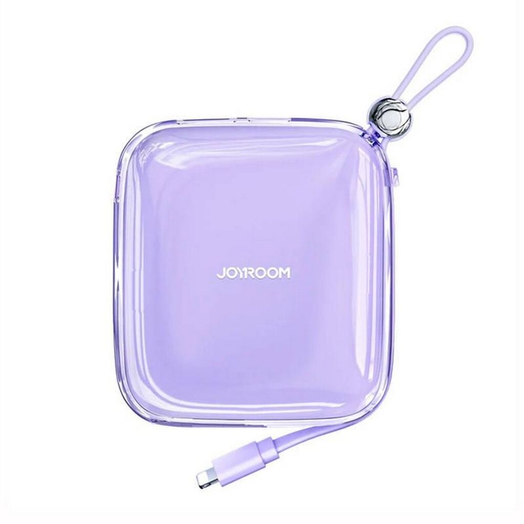 A purple transparent power bank with a charging cable and a lanyard attached, shown against a white background.