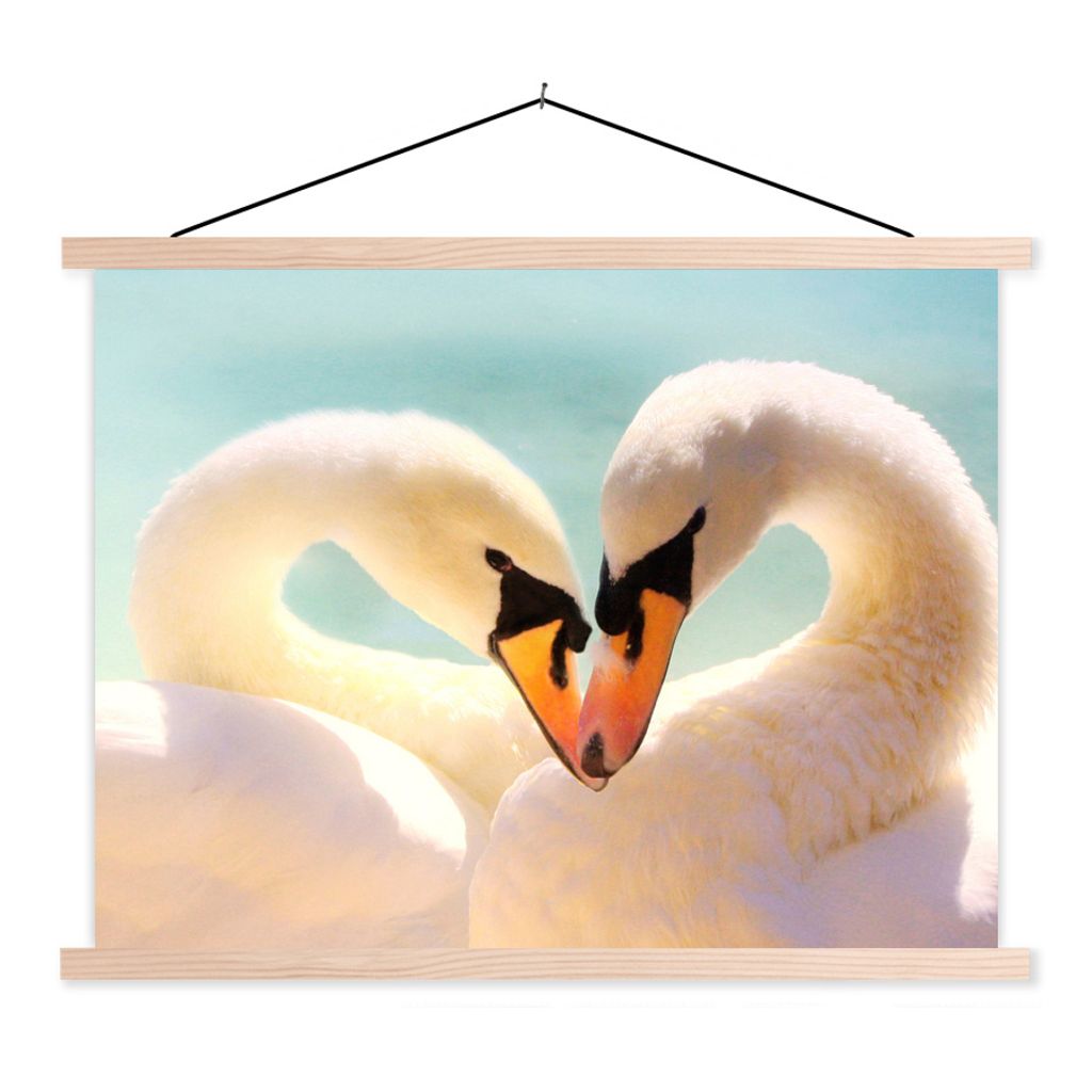 MuchoWow Textilposter Schwäne - Liebe - Blau 60x45 cm mit holzfarbenen Rahmen - Bild