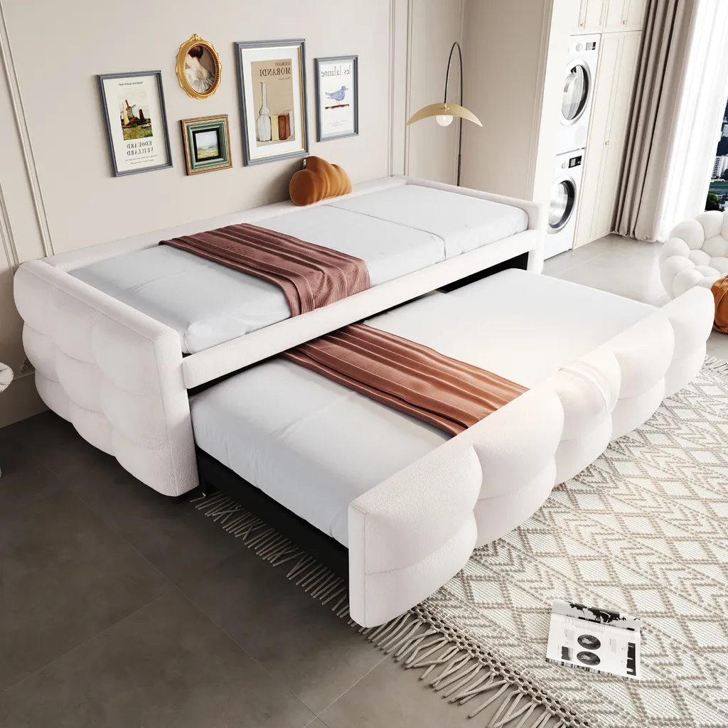 Canapé-lit rembourré convertible 90/180x190cm beige avec lit gigogne