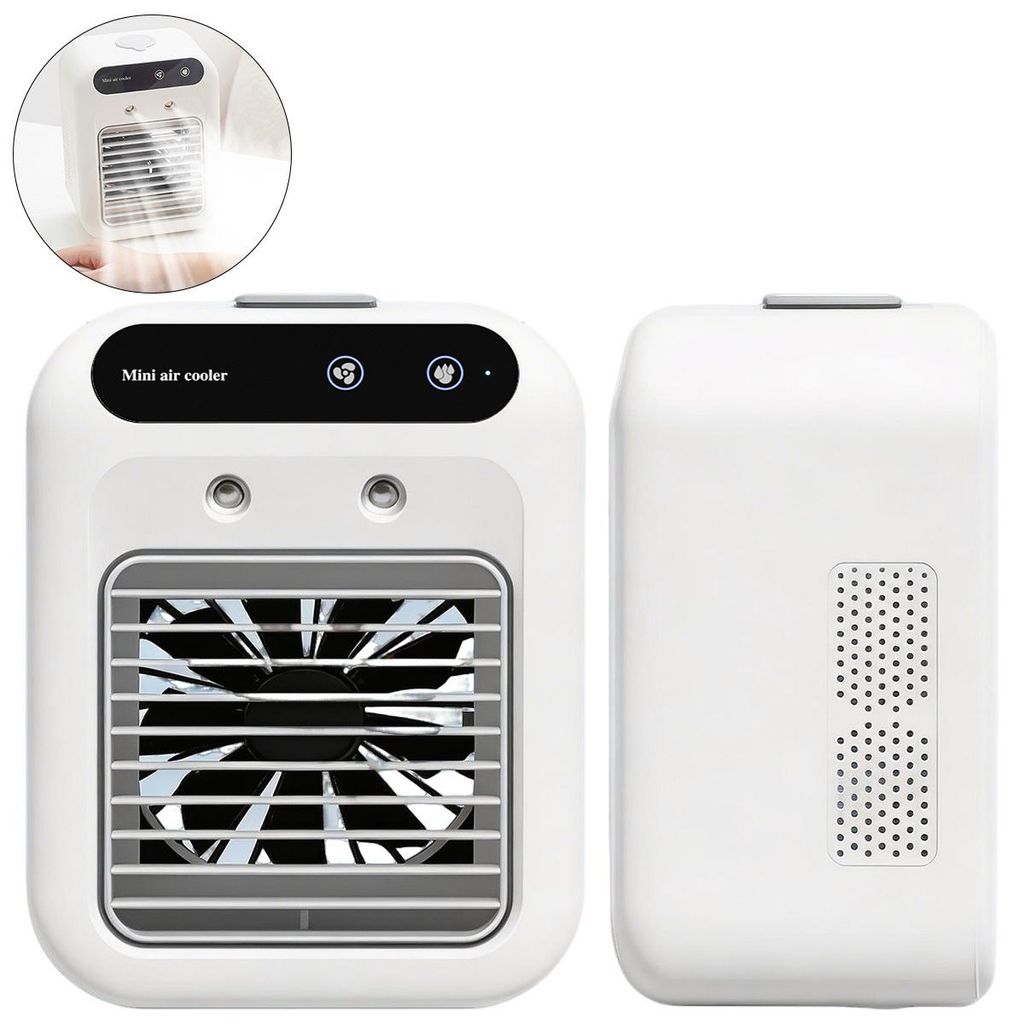 Tragbare Mini Klimaanlage, leiser Luftkühler 25W, USB wiederaufladbar, kompakt, mit Kühlfunktion & Befeuchter, ideal für Büro, Reisen, Camping