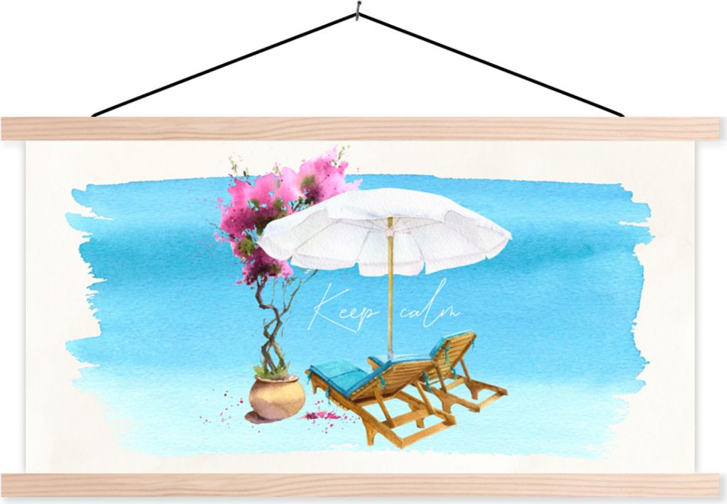 MuchoWow Textilposter Strandkorb - Sonnenschirm - Blumen - Aquarell 120x60 cm mit holzfarbenen Rahmen - Klemmleiste