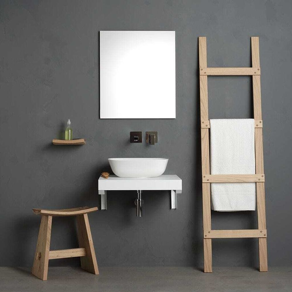 Hängendes Badezimmermöbel 60cm, mit weißem Regal, Aufsatzwaschbecken und Spiegel | Valentina