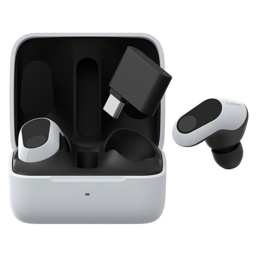 A pair of white and black Sony Inzone Buds wireless gaming earbuds with their charging case and a USB-C adapter.