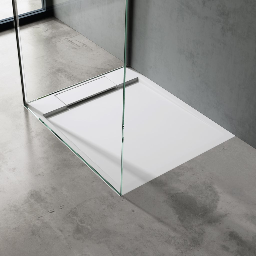 doporro Duschtasse Duschwanne 75x90x4 flach Mineralguss in Weiß DIN-Anschlüsse für bodengleiche Montage geeignet Geoma04