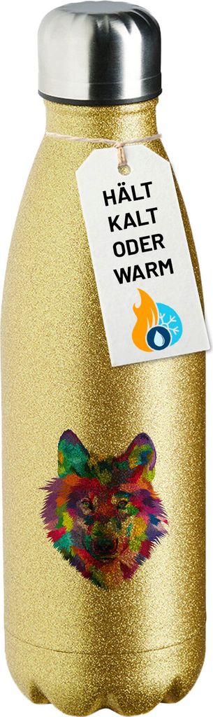 Huuraa Trinkflasche Wolf Colorful 500ml Gold Edelstahl Wasserflasche Trinkflasche Geschenkidee