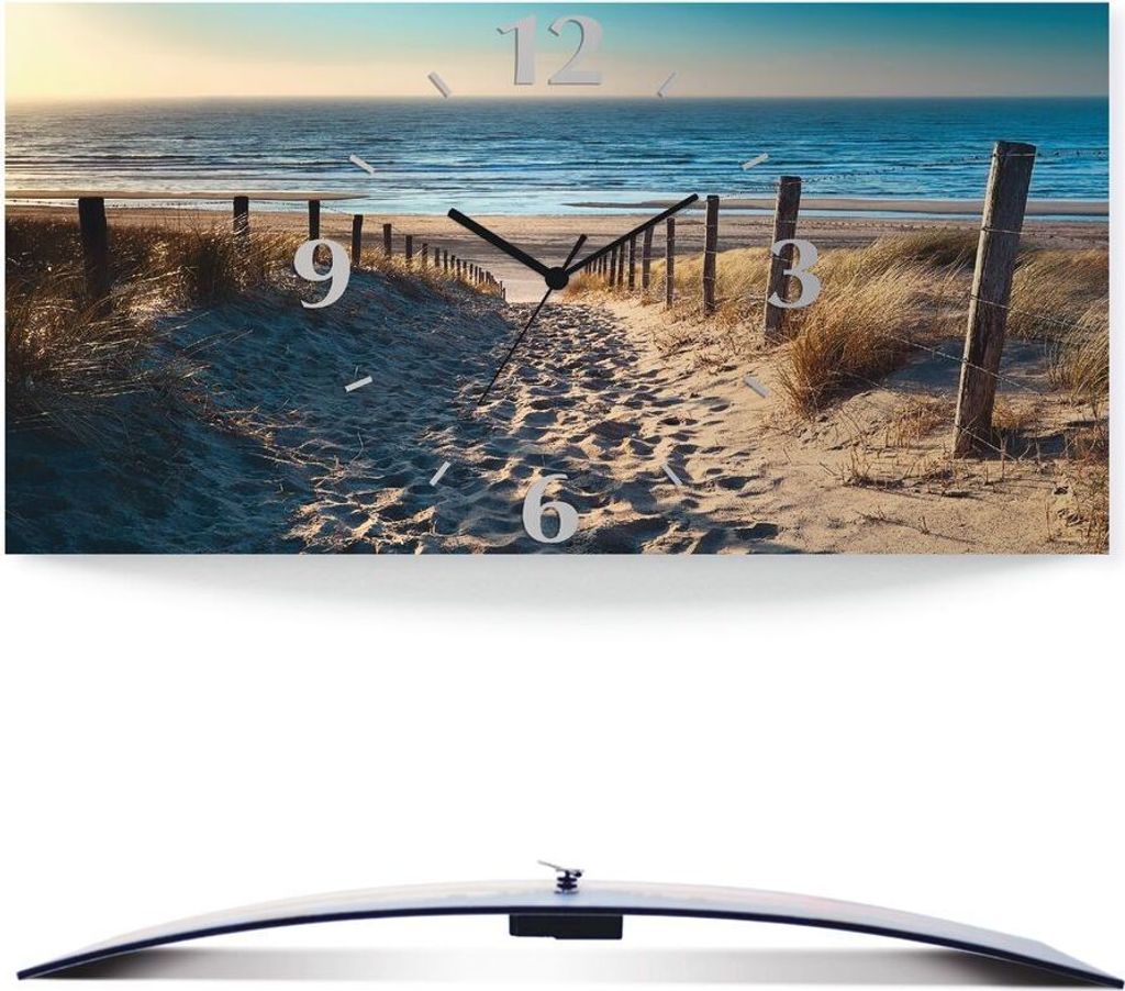 ARTland Wanduhr, gebogen Quarzuhr - schwarzer Zeiger Weg zum Nordseestrand Sonnenuntergang Größe: 50x25 cm
