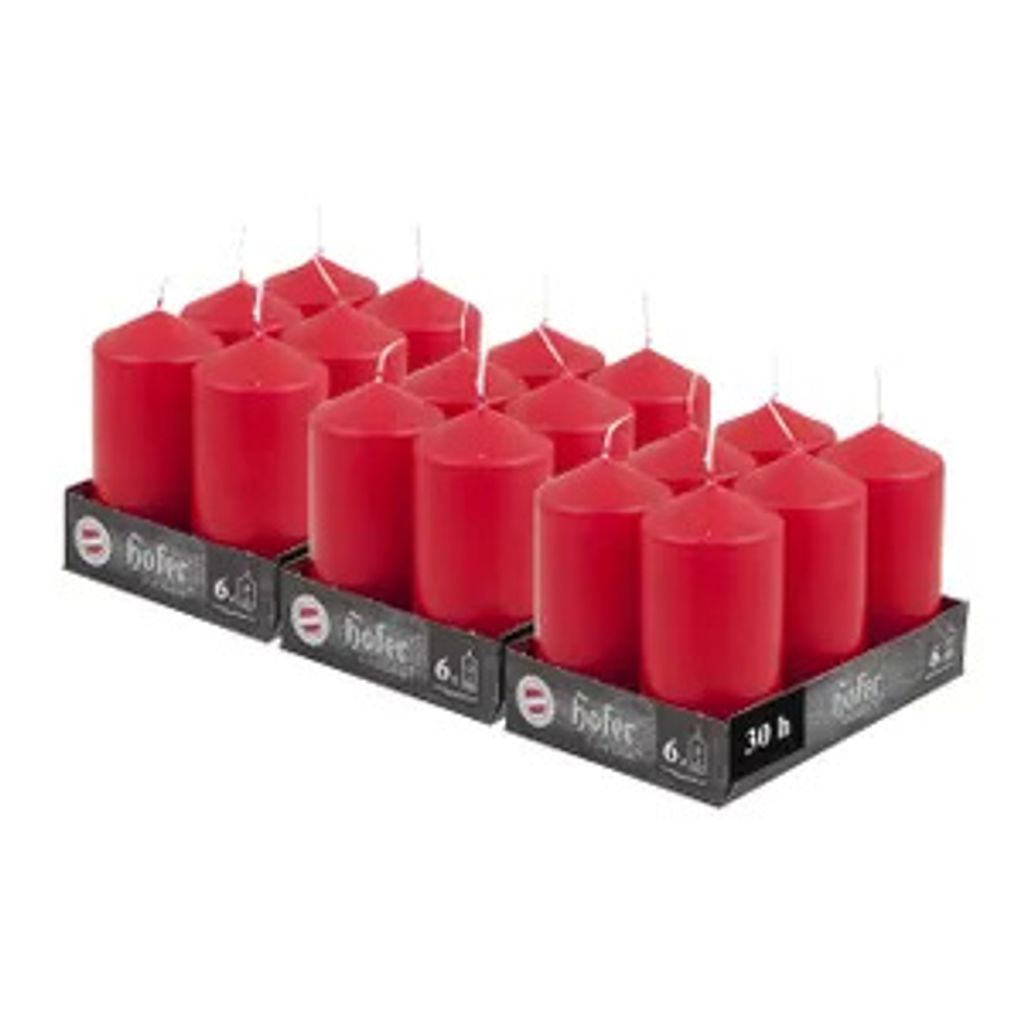 HOFER Stumpenkerzen Mohnrot 18er Set – 6x12cm – Duftfrei & Tropffrei – 39h Brenndauer – Dekokerzen für Tisch & Feier