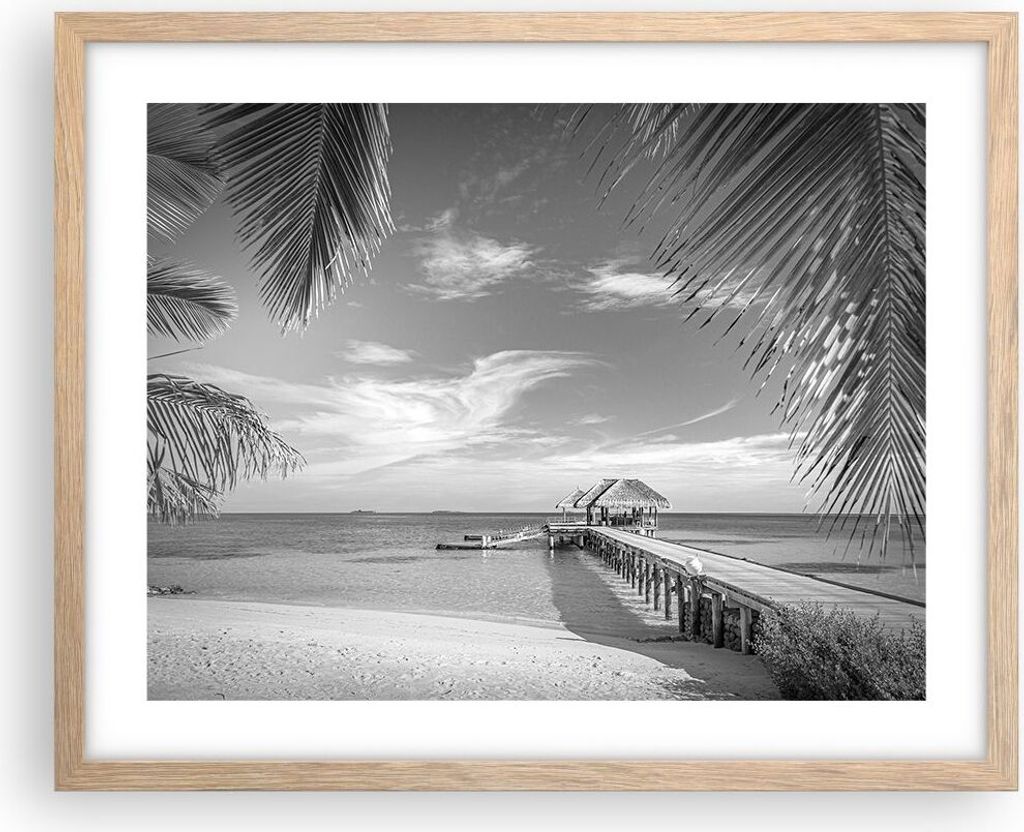 Gerahmtes Poster - Rahmen in heller Eiche - Himmlisch Strand Monochrom - 50x40 cm - Wand Bild - Wanddeko - Wandbilder - Kunstposter - Wandposter - ...