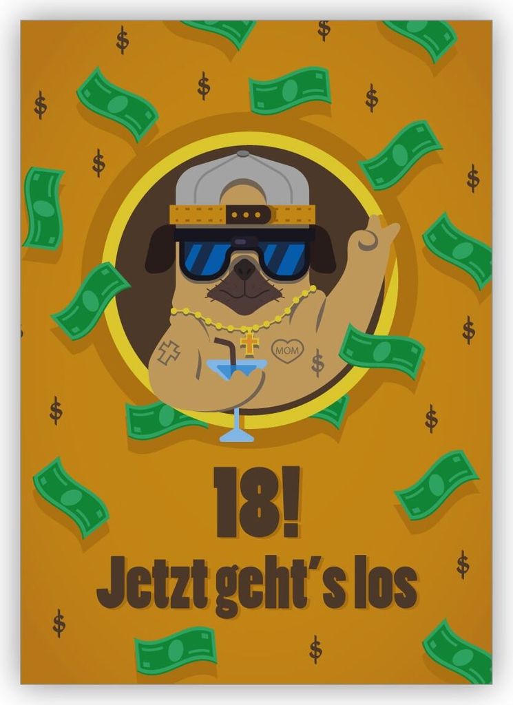 4x Komische Geburtstagskarte zum 18. Geburtstag mit coolem Mops im Dollar Regen: 18! Jetzt geht's los