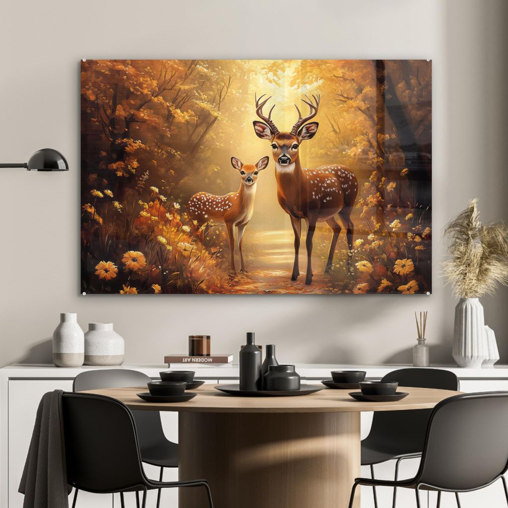 MuchoWow Glasbilder - Bilder auf Wandbild - Foto auf Glas Herbst - Wald - Hirsche - Waldtiere - Natur - Braun 120x80 cm Wanddekoration aus Glas - A...