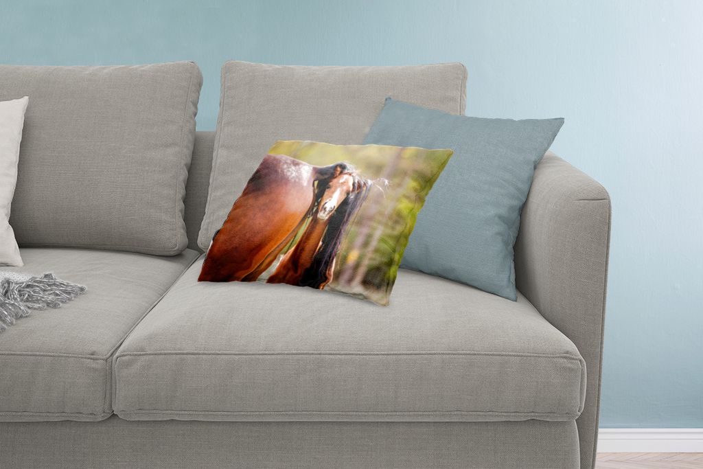 MuchoWow Zierkissen Sofakissen Wohnzimmer Dekokissen 60x40 cm Pferde - Natur - Braun - Kopfkissen - Polster mit Foto