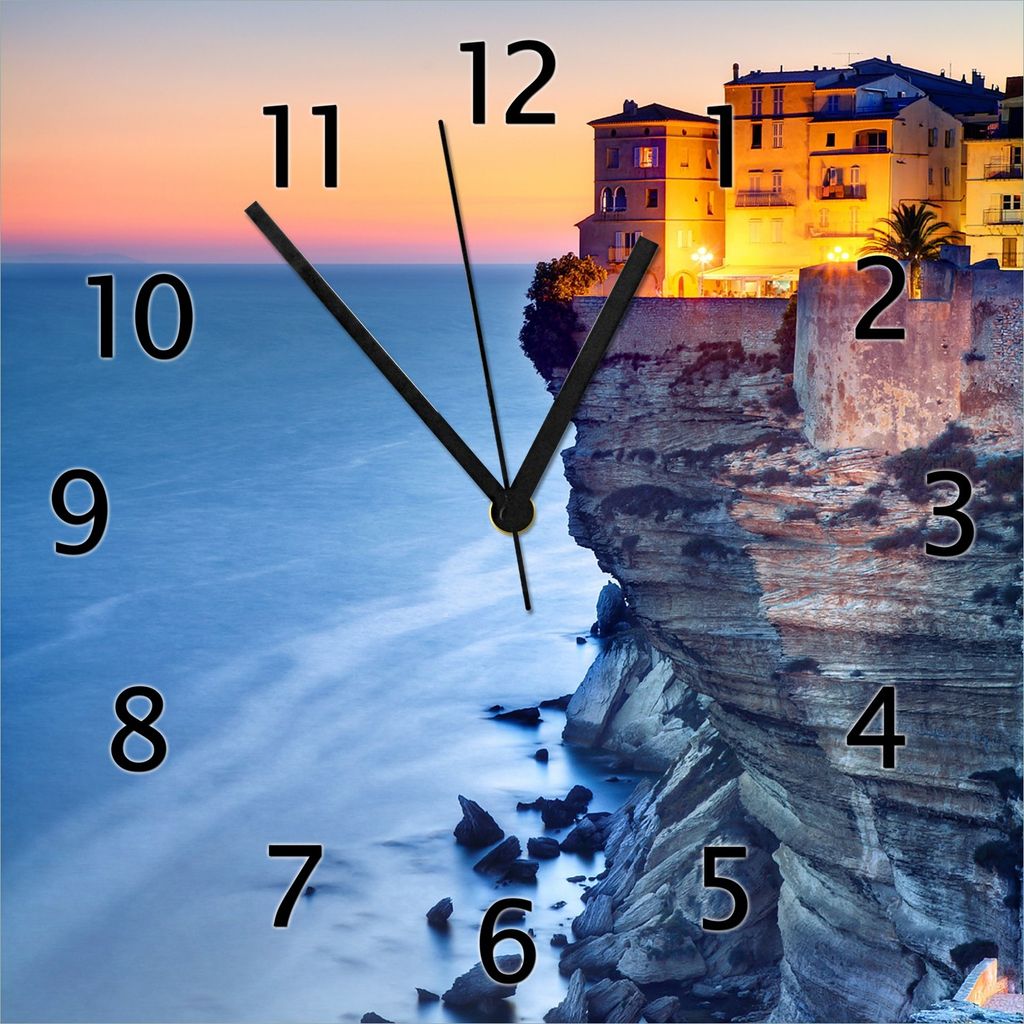 Wallario Design Wanduhr Haus an der Klippe aus Echtglas, Größe 30 x 30 cm