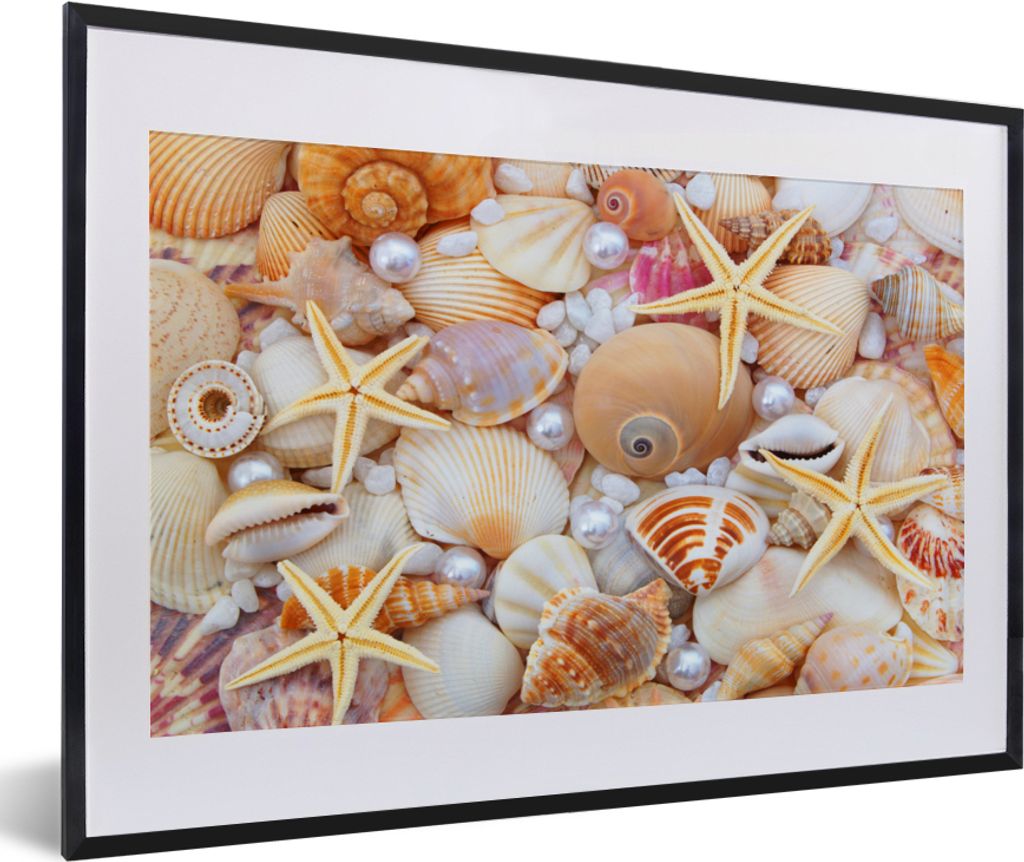 MuchoWow Gerahmtes Poster Muscheln - Perlen - Seesterne - Strand 60x40 cm - Poster mit Schwarzem Bilderrahmen Wandposter Rahmen Foto Bilder - Sch...