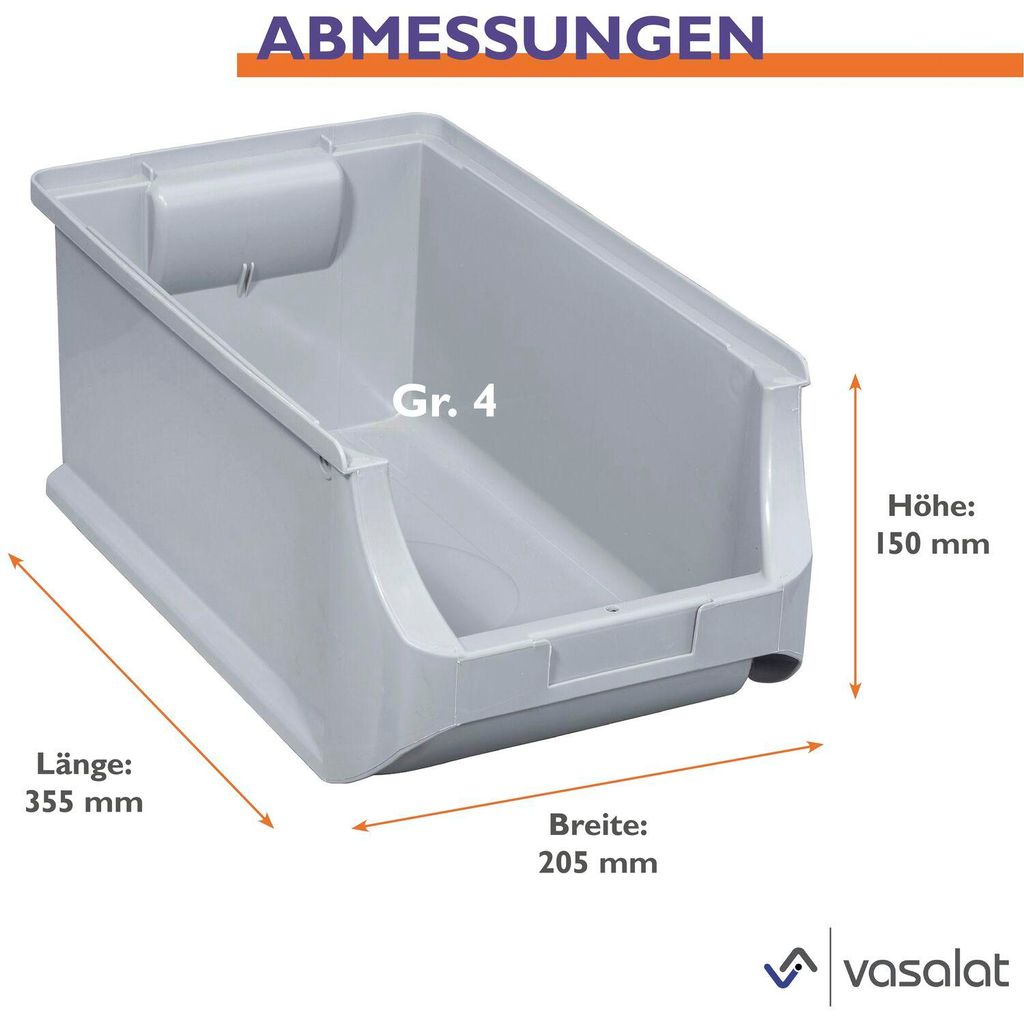 vasalat Stapelboxen 355x205x150mm Gr.4, Sichtlagerboxen für Werkstatt Garage und Lager, Kunststoff grün, 4x Sichtlagerkästen