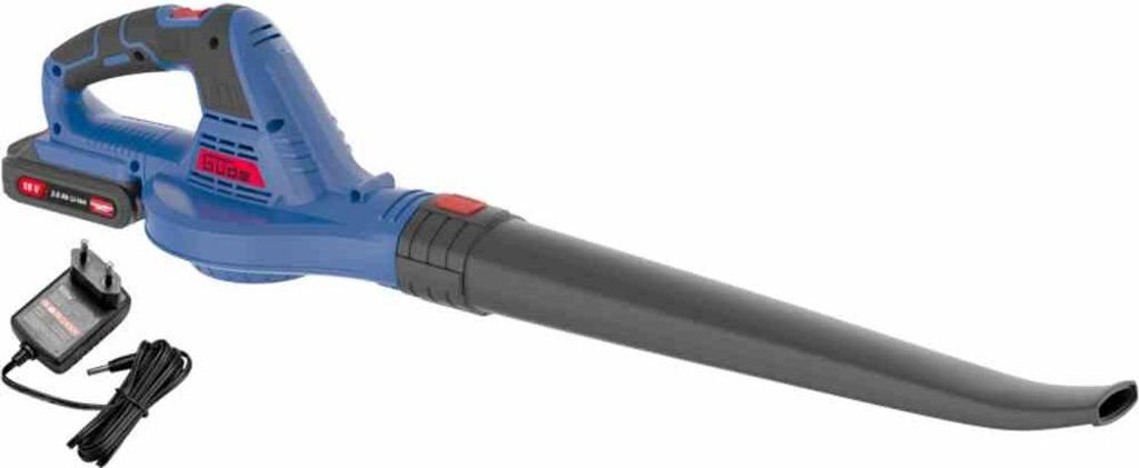A cordless leaf blower and its charger are displayed against a white background.