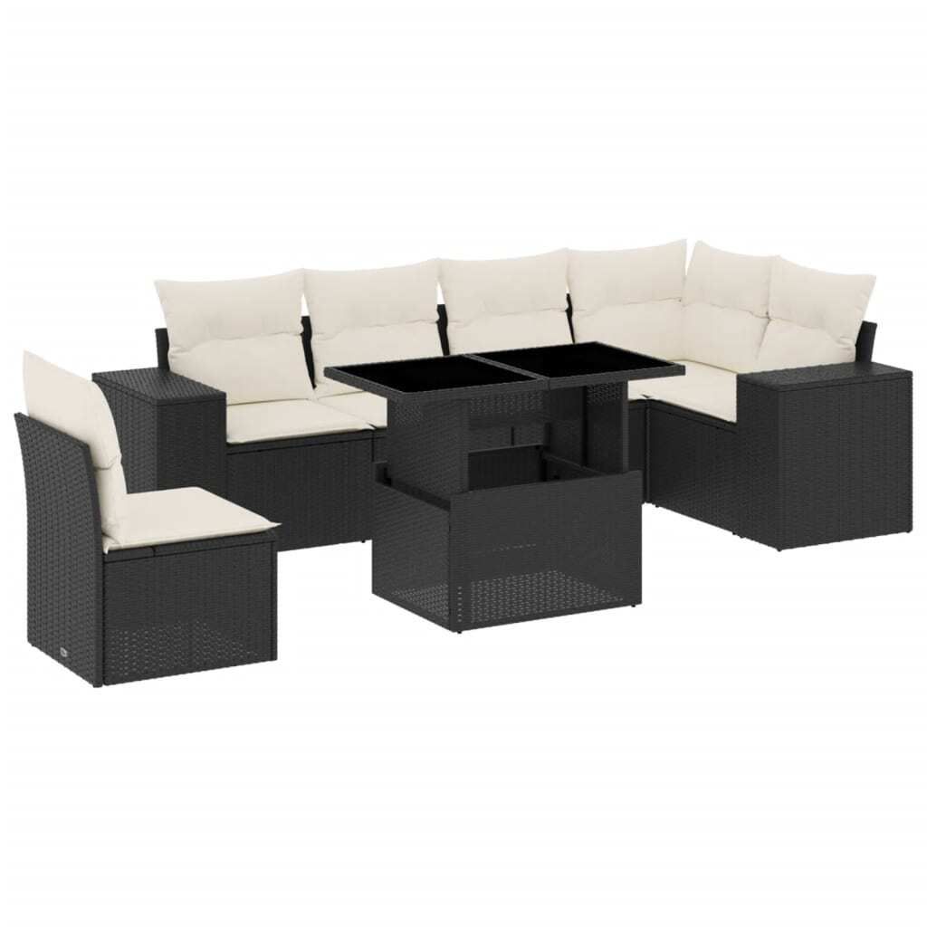 Möbel 7-tlg. Garten-Sofagarnitur/Garten-Essgruppe - Lounge-Set - Balkonmöbel Set - mit Kissen Schwarz Poly Rattan - Gartenmöbelset CLORIS9317552