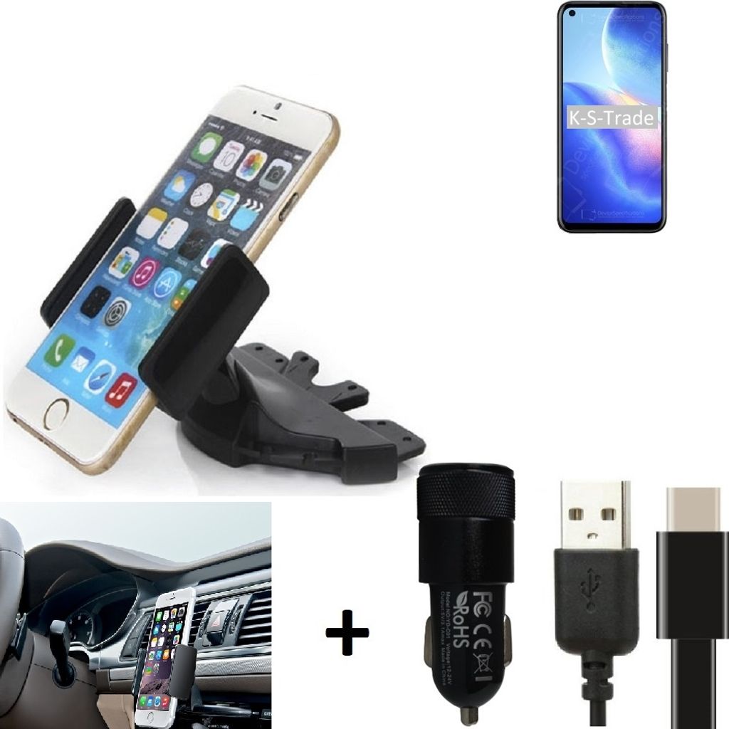 K-S-Trade CD Schlitz Handy-Halterung kompatibel mit Blackview A90 Autohalterung KFZ-Halter Radio Handy Halterung 360° drehbar CD-Schacht inkl. USB-C