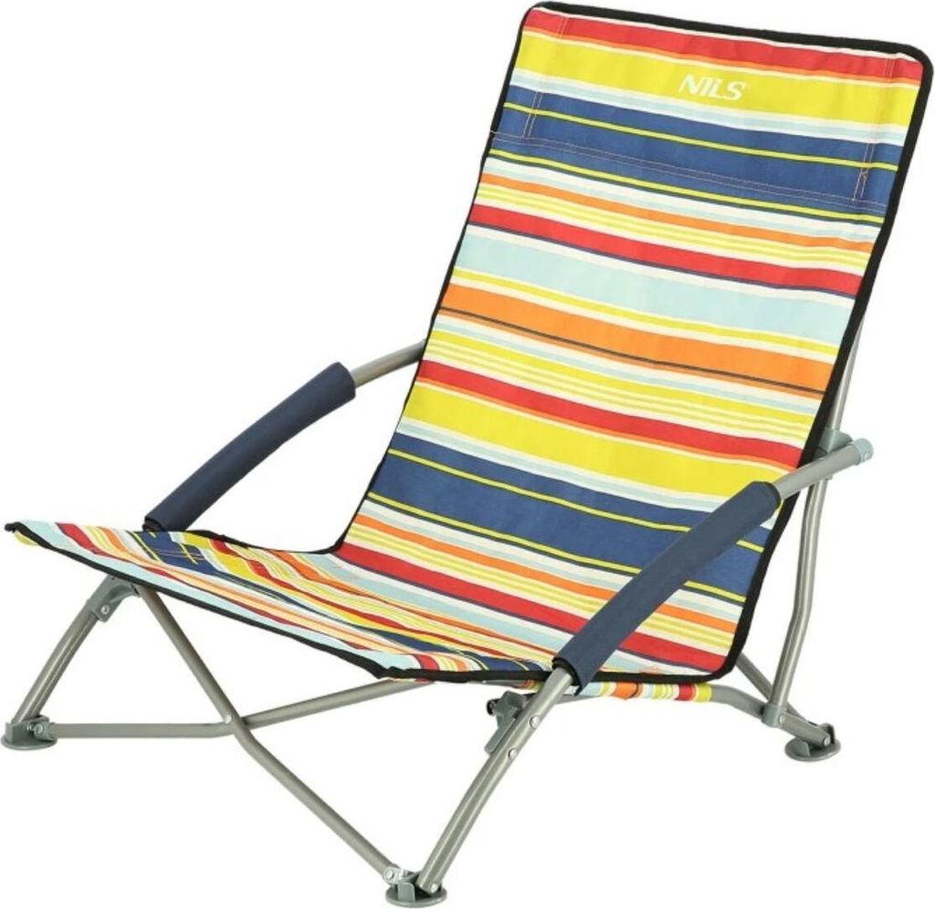 A striped camping chair on a white background.